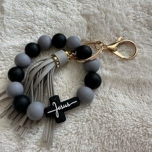 Wristlet Keychain Jesus Cross Tassel Black & Gray Beaded Keychain Bracelet NWT